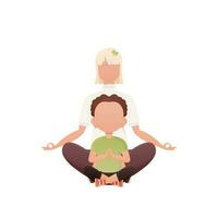 une femme et une peu garçon sont séance Faire yoga dans le lotus position. isolé. dessin animé style. vecteur