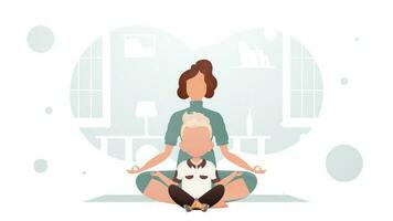 maman et fils asseoir dans le lotus position. yoga. dessin animé style. vecteur