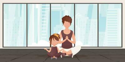 maman et peu fille sont méditer ensemble dans le lotus position. dessin animé style. vecteur. vecteur
