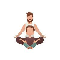 une robuste homme et une petit garçon asseoir dans une lotus position. isolé. dessin animé style. vecteur