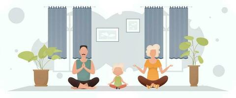 mari avec épouse et fille sont séance dans le lotus position dans le chambre. méditation. dessin animé style. vecteur