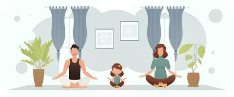 mari avec le sien épouse et fille sont Faire yoga dans le lotus position dans le chambre. méditation. dessin animé style. vecteur