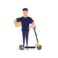 une Masculin courrier des stands près une scooter et détient une boîte. livraison concept. isolé sur une blanc Contexte. vecteur illustration.