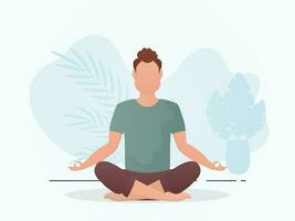 le homme dans le pièce est assis dans le lotus position. méditation. dessin animé style. vecteur