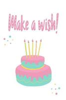 faire un vœu carte. dessiné à la main à deux niveaux anniversaire gâteau avec bougies, et faire une souhait caractères. anniversaire carte, illustration, imprimer, autocollant. vecteur illustration.