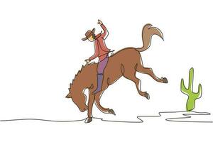 une seule ligne continue dessinant un cow-boy sur un mustang de cheval sauvage. cow-boy de rodéo chevauchant un cheval sauvage sur un panneau en bois. cow-boy équitation course de chevaux sauvages. dynamique une ligne dessiner illustration vectorielle de conception graphique vecteur