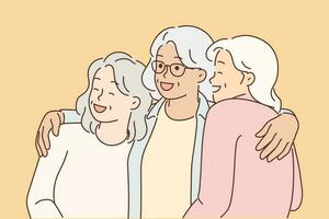 Trois personnes âgées femmes rire et étreinte pour premier temps ayant rencontré après longue séparation. personnes âgées aux cheveux blancs copines relaxant ensemble profiter retraite et content vieux âge conduire actif mode de vie vecteur