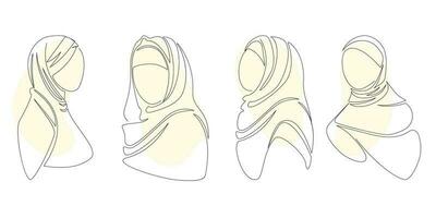 aux femmes hijab dans un doubler. les options pour attacher hijabs. logo un ligne aux femmes hijab foulard. hijab vecteur illustration ensemble.