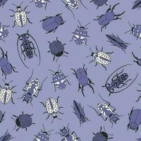 sans couture modèle avec main tiré coléoptères sur lavé bleu Contexte. différent les types de Bugs vecteur