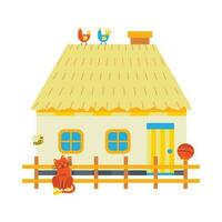 une maison avec une clôture, une chat, des oiseaux, poulets. ukrainien symboles. vecteur
