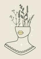 esthétique illustration de une femme tête avec croissance les plantes. féminin concept. main tiré vecteur Créatif floral art. femelle silhouettes, pastel couleurs.