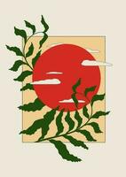 ciel avec des nuages et rouge Soleil illustration minimaliste affiche. milieu siècle moderne vecteur art avec vert branches. branché contemporain conception. mur art décor.