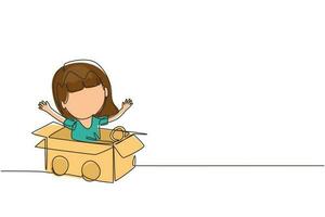 dessin au trait continu fille conduisant une voiture en carton. enfant heureux monter sur une petite voiture en carton. des enfants créatifs jouent avec sa voiture en carton. illustration graphique vectorielle de conception de dessin à une seule ligne vecteur