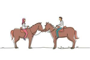 une seule ligne dessinant un couple arabe romantique amoureux à cheval. un jeune homme et une femme se rencontrent pour sortir avec un cheval de balade. fiançailles et relation amoureuse. vecteur graphique de conception de dessin de ligne continue moderne