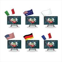 alphabet sur moniteur dessin animé personnage apporter le drapeaux de divers des pays vecteur