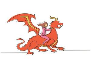 une seule ligne dessinant une femme d'affaires chevauchant un dragon. vaincre l'adversité, le courage, la victoire, le leadership dans les affaires. entrepreneur professionnel. illustration vectorielle graphique de conception de dessin en ligne continue vecteur