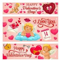 Valentin journée Cupidon ange avec cœurs et fleurs vecteur
