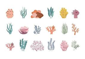 branché corail récif et les plantes vecteur ensemble. sous-marin océan flore plat Icônes. aquarium algues, laminaire, varech l'eau la vie isolé sur blanc Contexte.