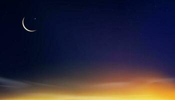islamique carte, ramadan kareem Nouveau lune, étoile sur le coucher du soleil ciel, vecteur horizon bannière pour religions symbolique de musulman culture pour généreuse ramadan, nouveau lune, prière temps.eid moubarak, aïd Al adha, aïd Al fitr