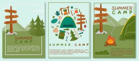 une ensemble de affiches pour été camping, voyage, voyage, randonnée, touristique, nature, voyage, pique-nique. conception de une affiche, bannière, brochure, couverture, spécial offre, publicité. vecteur illustration.