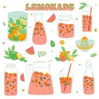 limonade et pastèque boisson dans une cruche et une verre avec tranches de citron et glace. vecteur illustrateur