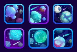 dessin animé espace Jeu app Icônes avec bleu planètes vecteur