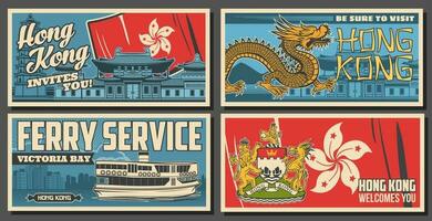 Hong kong Voyage affiches, traversier, dragon, emblème vecteur