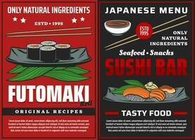Sushi affiches Japonais cuisine nourriture futomaki Rouleaux vecteur