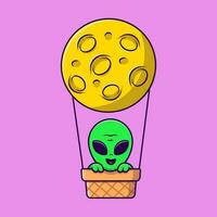 mignonne extraterrestre flottant avec chaud air ballon lune dessin animé vecteur Icônes illustration. plat dessin animé concept. adapté pour tout Créatif projet.