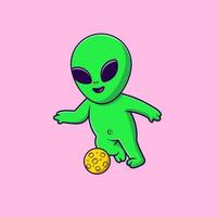 mignonne extraterrestre en jouant football lune dessin animé vecteur Icônes illustration. plat dessin animé concept. adapté pour tout Créatif projet.