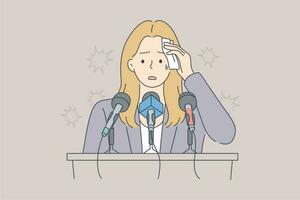 mental stress, discours, psychologie, entreprise, conférence concept. Jeune stressant inquiet femme d'affaires dessin animé personnage permanent sur tribune Souffrance de peur de Publique Parlant ou panique attaque. vecteur