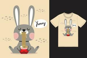 mignonne lapin en mangeant ramen illustration avec T-shirt conception prime vecteur