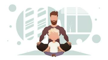 une homme avec une peu garçon sont séance méditer dans le lotus position. yoga. dessin animé style. vecteur