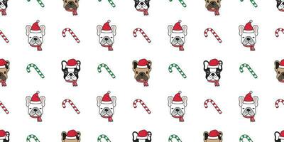 chien sans couture modèle Noël vecteur français bouledogue Père Noël claus Noël chapeau bonbons canne écharpe dessin animé illustration isolé tuile Contexte répéter fond d'écran