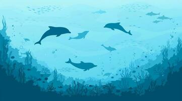 sous-marin paysage avec dauphin silhouettes vecteur