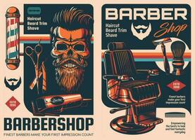 salon de coiffure ancien affiches, crâne barbe, moustaches vecteur