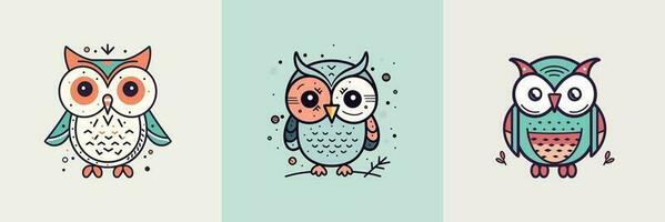 mignonne bébé hibou mascotte kawaii dessin animé oiseau illustration ensemble collection vecteur