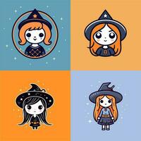 mignonne sorcières chibi les filles kawaii dessin animé Halloween illustration ensemble collection vecteur