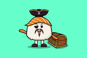 pirate de sushi de dessin animé mignon avec boîte au trésor vecteur