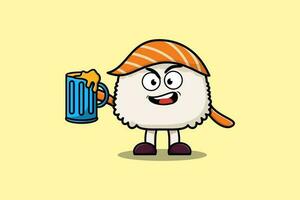mignonne Sushi dessin animé personnage avec Bière verre vecteur
