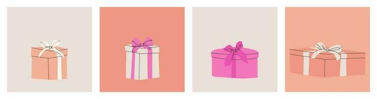 ensemble de divers cadeau des boites avec arcs. vecteur plat isolé illustration pour conception. rose, beige et blanc couleurs.