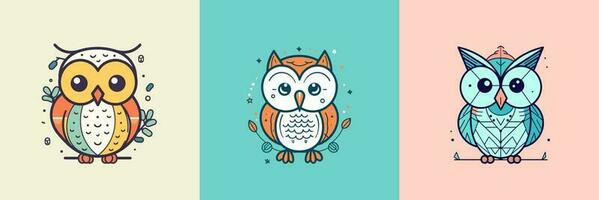 mignonne bébé hibou mascotte kawaii dessin animé oiseau illustration ensemble collection vecteur