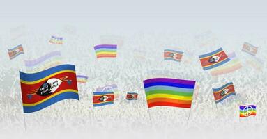 gens agitant paix drapeaux et drapeaux de swaziland. illustration de foule célébrer ou protester avec drapeau de Swaziland et le paix drapeau. vecteur