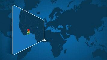 emplacement de Ghana sur le monde carte avec agrandi carte de Ghana avec drapeau. vecteur