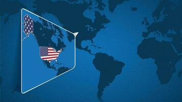 emplacement de Etats-Unis sur le monde carte avec agrandi carte de Etats-Unis avec drapeau. vecteur