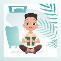 souriant enfant garçon est assis dans une lotus position et détient une boîte avec une arc dans le sien mains. anniversaire, Nouveau année ou vacances thème. dessin animé style. vecteur illustration.