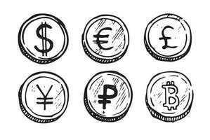 pièces de monnaie de le dollar , euro, rouble, Bitcoin. main tiré collection isolé sur blanc Contexte. vecteur illustration.