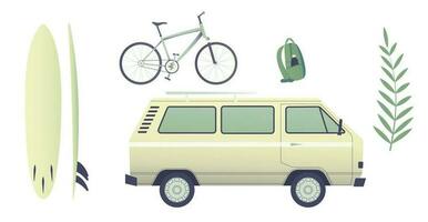 Voyage ensemble minibus, vélo, sac à dos, planche de surf. vecteur