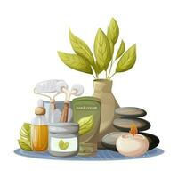 accessoires pour soins auto-administrés et relaxation. crème pour corps, visage et main, équilibre de spa des pierres, verre tasse avec gua sha outils, pétrole sérum, brûlant bougie. santé et beauté. branché vecteur illustration