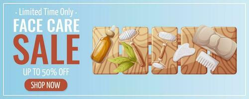 visage se soucier, vente promotion bannière. en bois supporter avec gua sha outils, Bandeau, pétrole sérum. planche pour utilisation dans le bain, spa, salon, massage. vecteur illustration. pour affiche, publicité, site Internet.